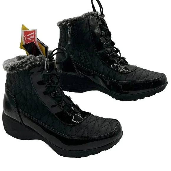 Khombu NWT Womens 8W Black Quilted Winter Boots Faux Fur Lining K Comfort - Picture 2 of 16